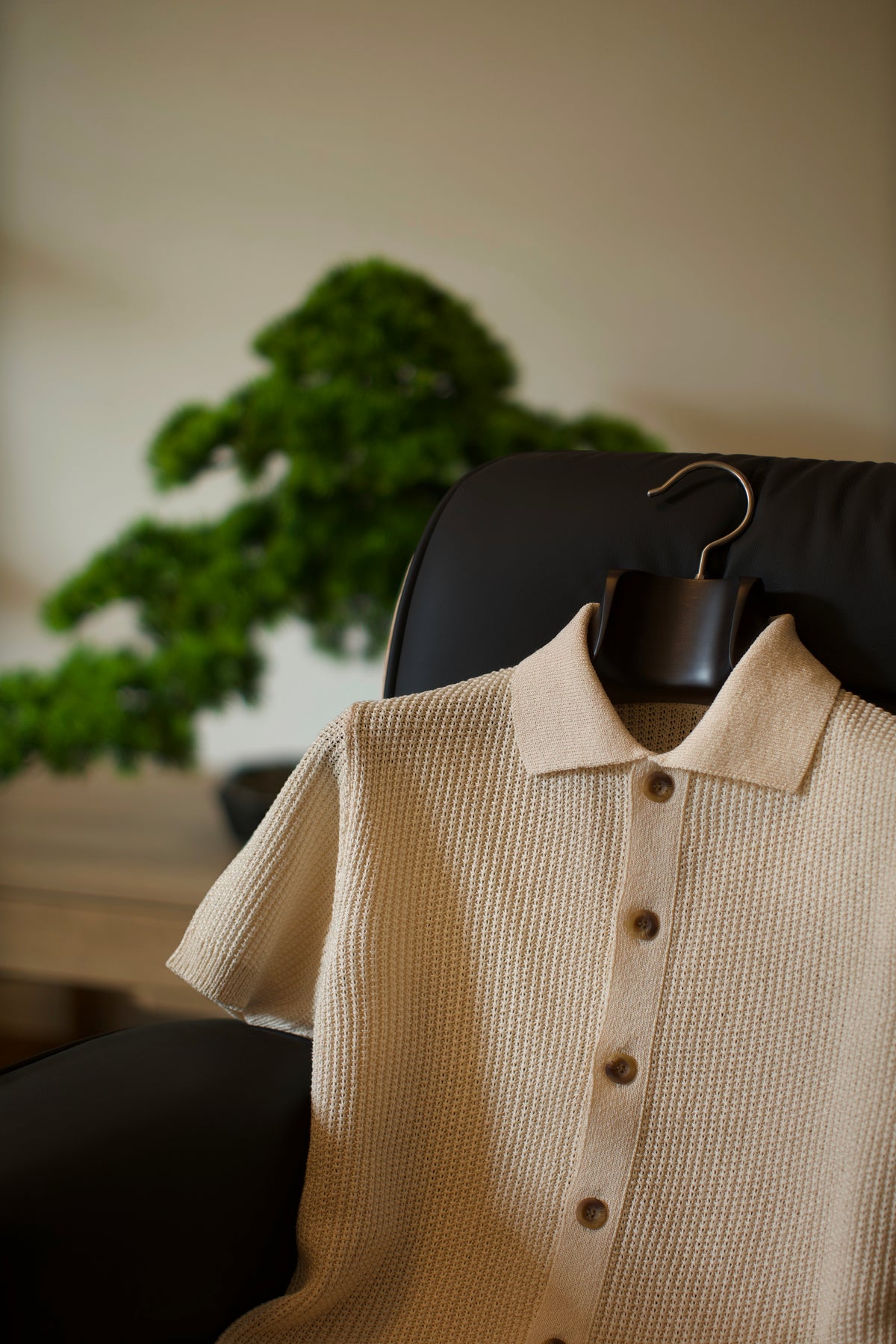 Beige Knit Button Polo Shirt